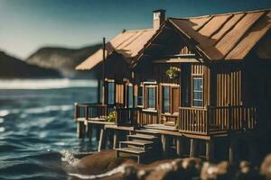 a miniature wooden house on the shore of the ocean. AI-Generated photo