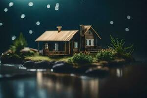 a miniature house on a small island in the middle of the water. AI-Generated photo