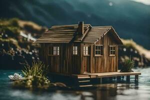 a miniature wooden house sits on a dock in the water. AI-Generated photo