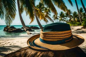 a hat on the beach with palm trees. AI-Generated photo