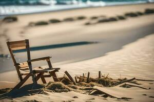 un silla se sienta en el arena en frente de el océano. generado por ai foto