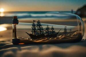 a ship in a bottle on the beach with a sunset. AI-Generated photo