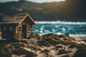 a miniature wooden house on the beach. AI-Generated photo