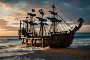 a pirate ship on the beach at sunset. AI-Generated photo