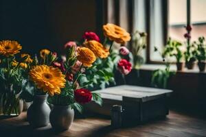flores en floreros en un mesa cerca un ventana. generado por ai foto