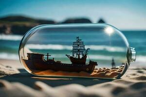 a ship in a bottle on the beach. AI-Generated photo