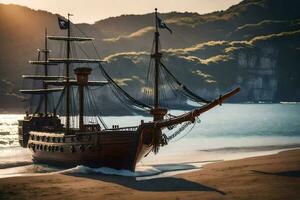 a pirate ship is on the beach near the water. AI-Generated photo