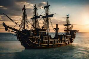 a wooden pirate ship in the ocean at sunset. AI-Generated photo
