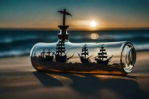 ship in a bottle on the beach. AI-Generated photo
