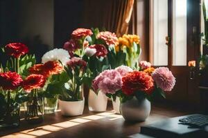 flores en floreros en un mesa. generado por ai foto