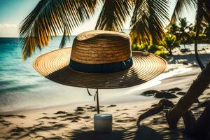 a hat on a beach with palm trees. AI-Generated photo