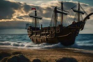 a pirate ship is on the beach at sunset. AI-Generated photo