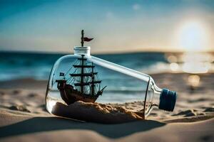 a ship in a bottle on the beach. AI-Generated photo