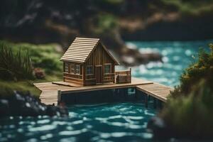 un miniatura casa en un muelle en el medio de un lago. generado por ai foto