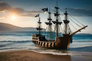 a pirate ship on the beach at sunset. AI-Generated photo