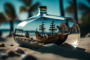 a ship in a bottle on the beach. AI-Generated photo