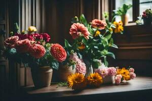 flores en ollas en un mesa en frente de un ventana. generado por ai foto