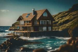 un casa en zancos por el océano. generado por ai foto