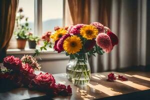 flowers in vase on table near window. AI-Generated photo