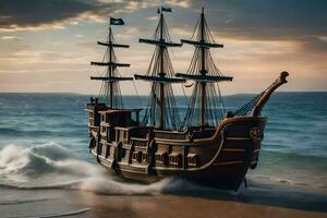 a pirate ship on the beach at sunset. AI-Generated photo