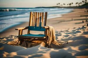 un de madera silla se sienta en el playa a puesta de sol. generado por ai foto