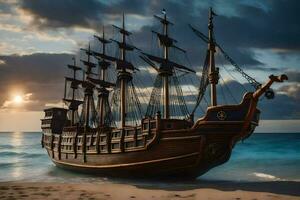 un pirata Embarcacion en el playa a puesta de sol. generado por ai foto