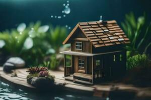 a miniature house on a small island surrounded by plants. AI-Generated photo