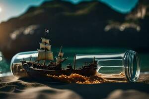 a ship in a bottle on the beach. AI-Generated photo