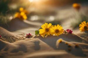 photo wallpaper the sun, flowers, sand, flowers, the desert, flowers, the desert,. AI-Generated