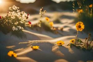 the sun is shining on the flowers in the sand. AI-Generated photo