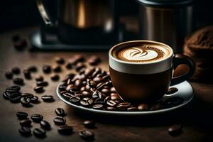 a cup of coffee is shown on a table with coffee beans and a coffee grinder. AI-Generated photo