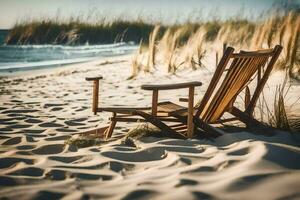 a wooden chair sits on the sand near the ocean. AI-Generated photo