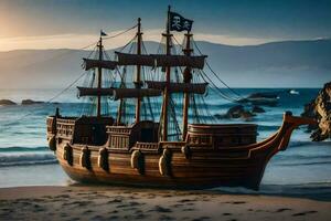 a pirate ship on the beach at sunset. AI-Generated photo