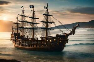 a pirate ship in the ocean at sunset. AI-Generated photo