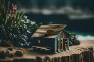 a miniature house on a tree stump with rocks and plants. AI-Generated photo