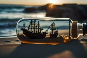 a bottle with a ship inside of it on the beach. AI-Generated photo