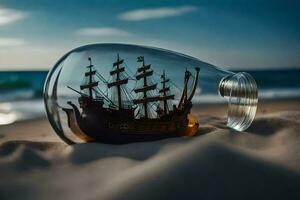 a ship in a bottle on the beach. AI-Generated photo