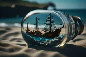 a bottle with a ship inside on the beach. AI-Generated photo