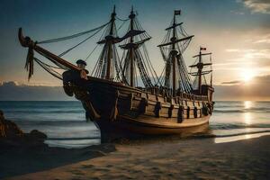 a pirate ship sits on the beach at sunset. AI-Generated photo