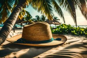 a hat sits on the sand near palm trees. AI-Generated photo