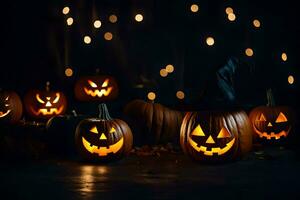 halloween pumpkins with faces and lights. AI-Generated photo