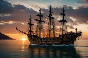 un pirata Embarcacion navegación en el Oceano a puesta de sol. generado por ai foto