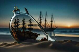 a ship in a bottle on the beach. AI-Generated photo