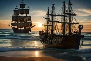 a wooden ship on the beach at sunset. AI-Generated photo