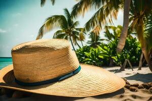 a straw hat on the beach with palm trees. AI-Generated photo