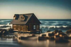 a miniature house on the beach. AI-Generated photo