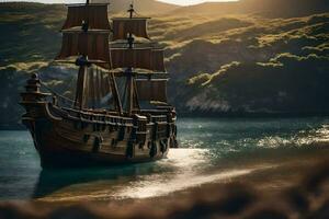 a pirate ship is sailing on the water. AI-Generated photo