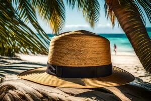 a hat sits on a tree branch near the beach. AI-Generated photo