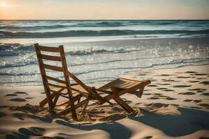 a wooden chair sits on the beach at sunset. AI-Generated photo