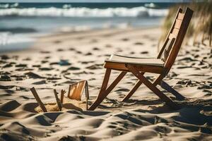 a wooden chair sits on the beach near the ocean. AI-Generated photo